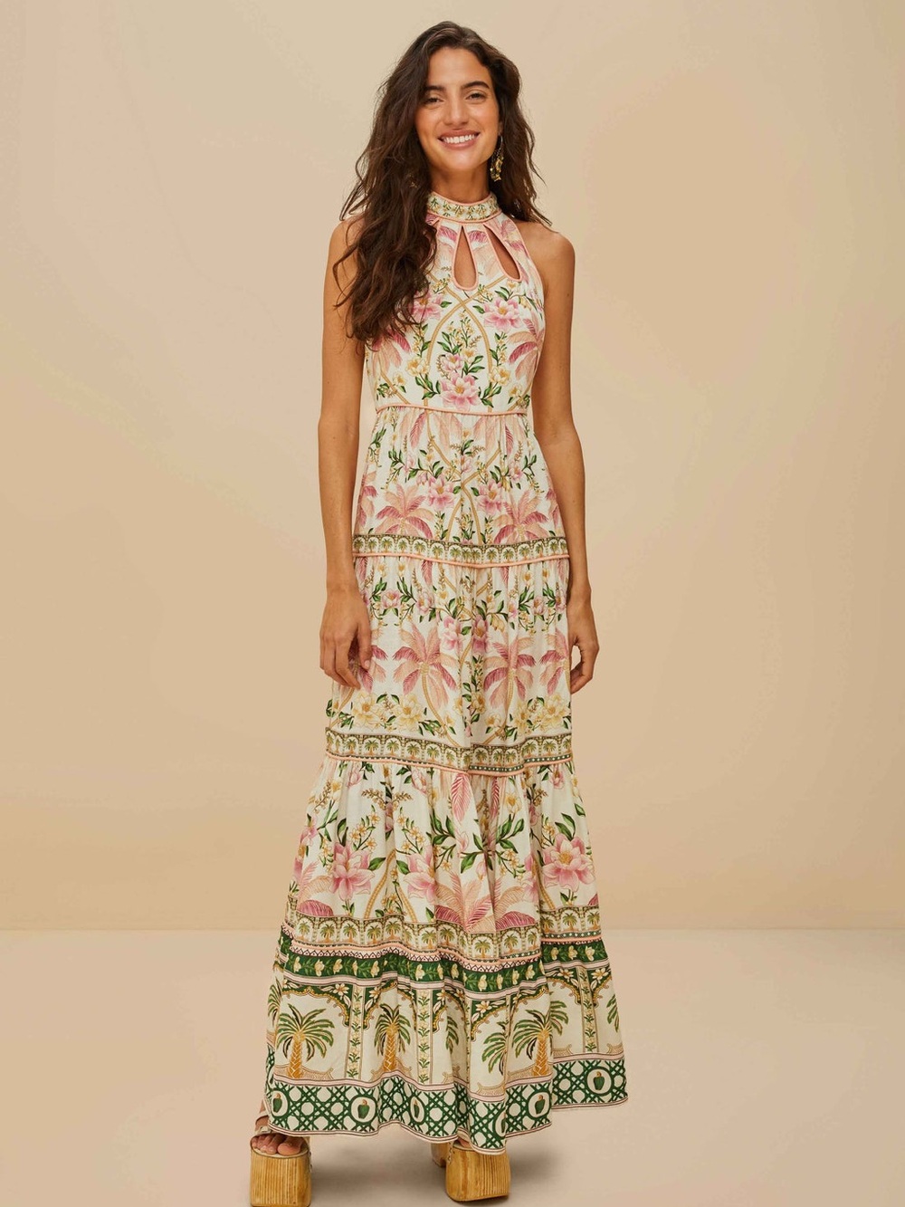 Farm Rio Off-White Palm Dream Maxi Dress Womenโs Small Linen Blend Quiet Luxury